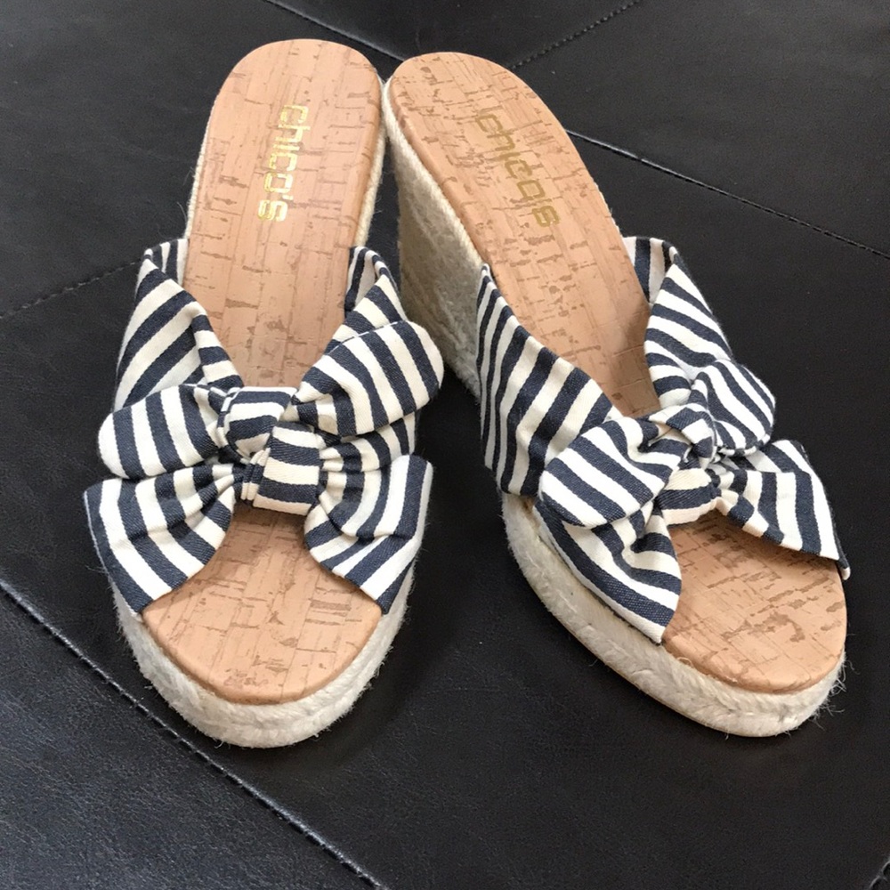 Chico's blue and white striped bow wedges